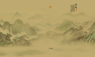 中式传统古画水墨山水意境图