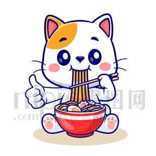 萌猫吃拉面卡通插画