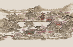 新中式线描山水背景墙