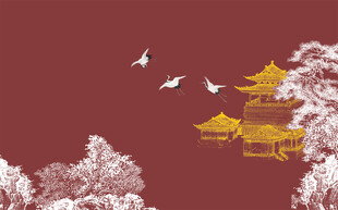 线稿阁楼飞鹤 松树背景墙