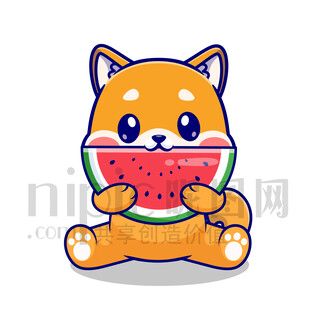 卡通柴犬吃西瓜