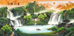 旭日山水瀑布风景画