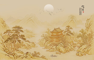 中式古风古画床头山水画壁纸壁画