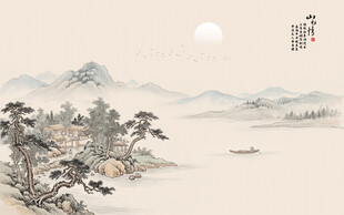 新中式屏风古风水墨山水画背景墙