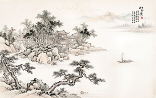 新中式屏风水墨画背景墙壁画壁纸