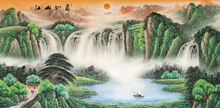 青绿山水瀑布国画