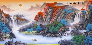 旭日飞瀑山水国画