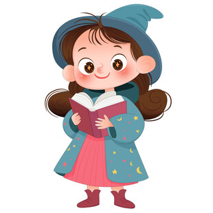 万圣节戴巫师帽看魔法书女巫插画
