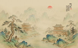 新中式阁楼古风古典山水画背景
