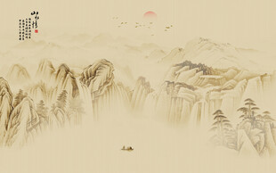 新中式古风国画山水背景墙壁画