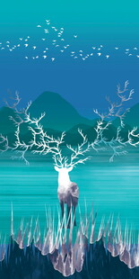 梦幻荧光麋鹿山水夜景玄关装饰画