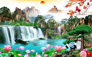  国画山水瀑布 瀑布流水生财