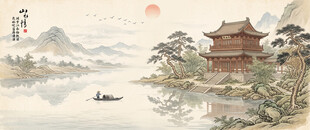 中式古画古风阁楼山水画电视壁画
